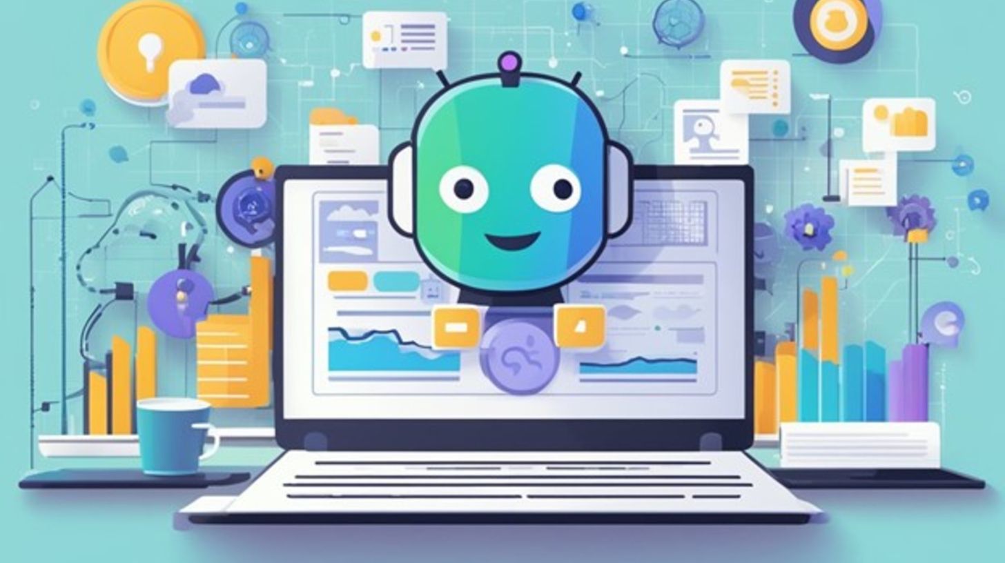 Illustration Of A Smiling Robot On A Laptop Screen Surrounded By Digital Graphs, Icons, And Charts, Symbolizing Data Analysis And Artificial Intelligence.