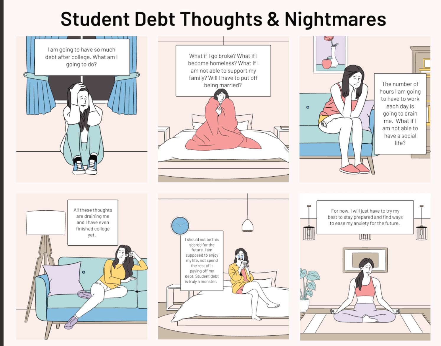Student Debt Thoughts and Nightmares. Comic by Emma Regulski