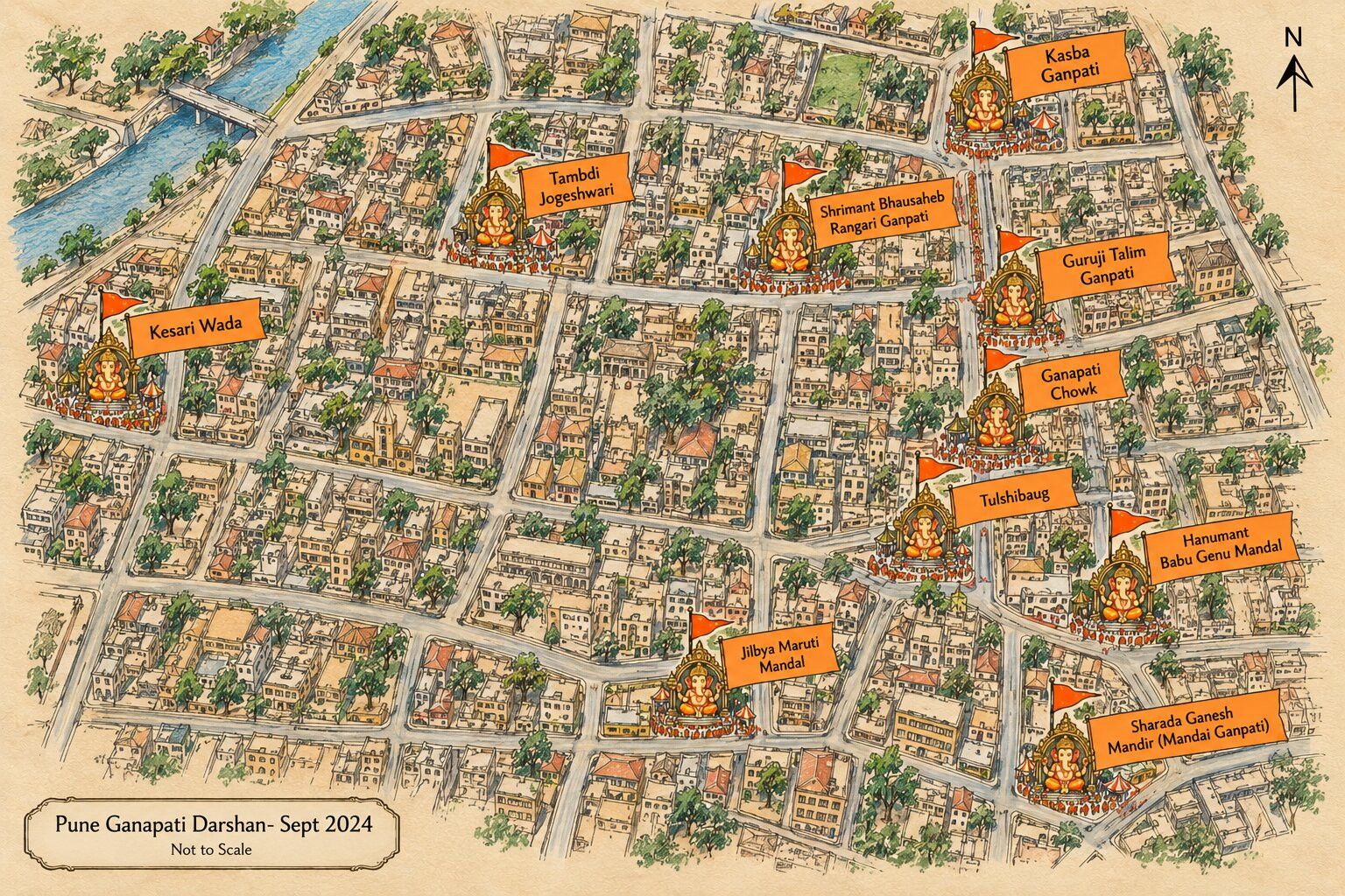 illustration map ganapati darshan in pune- September 2024