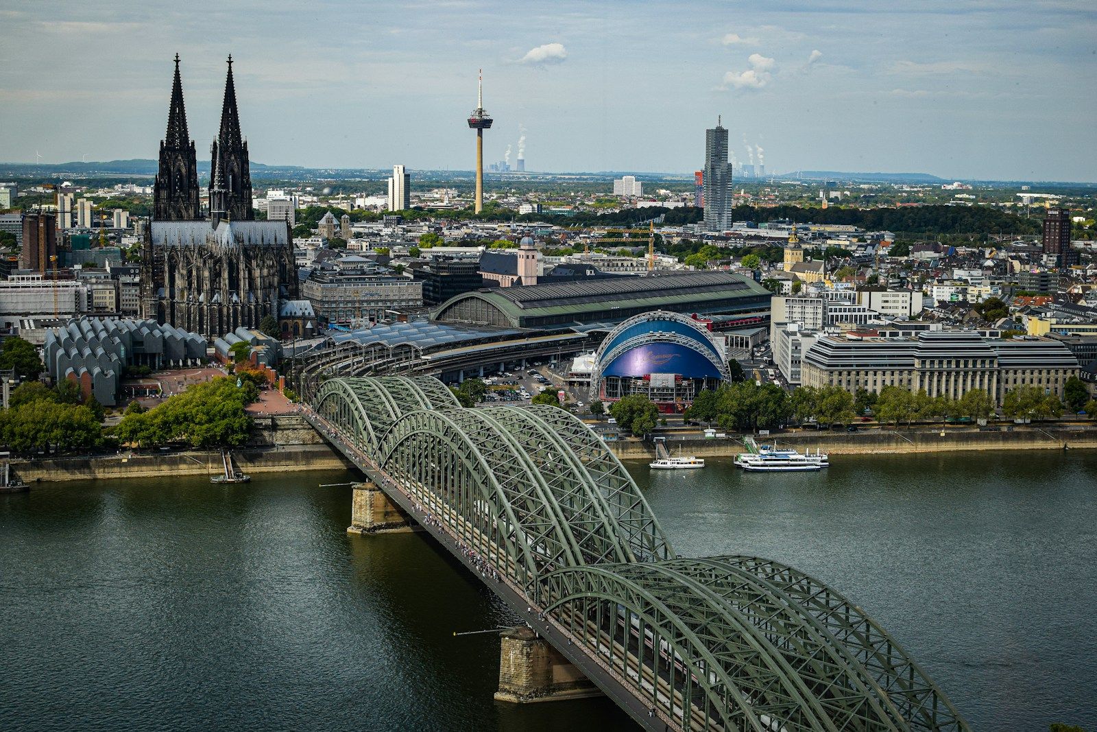 An aerial view of a city and a bridge