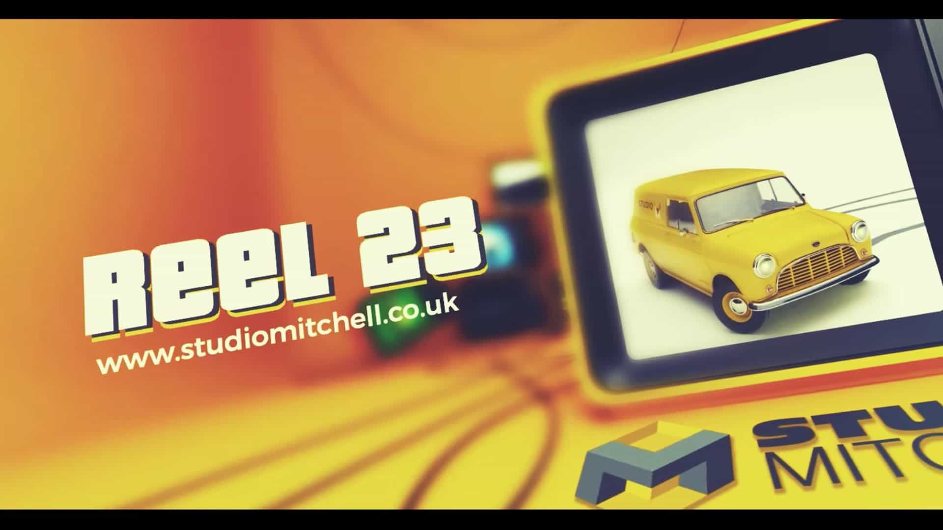 Studio Mitchell 2023 showreel with a yellow Cararama scale model car on the screen.