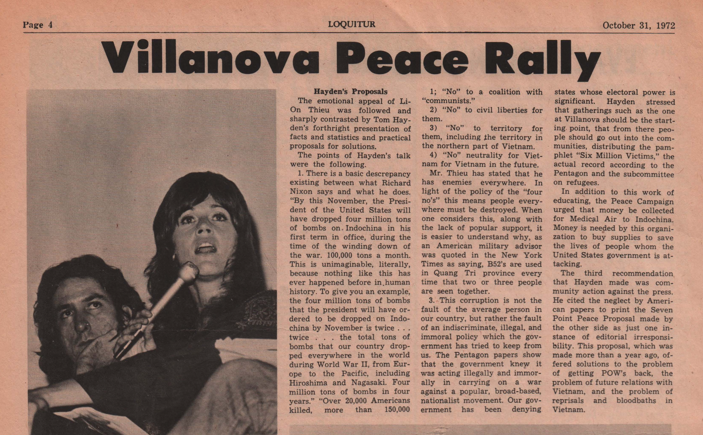 The headline of the 1972 Villanova peace rally article. Photo courtesy of Jerry Zurek. 