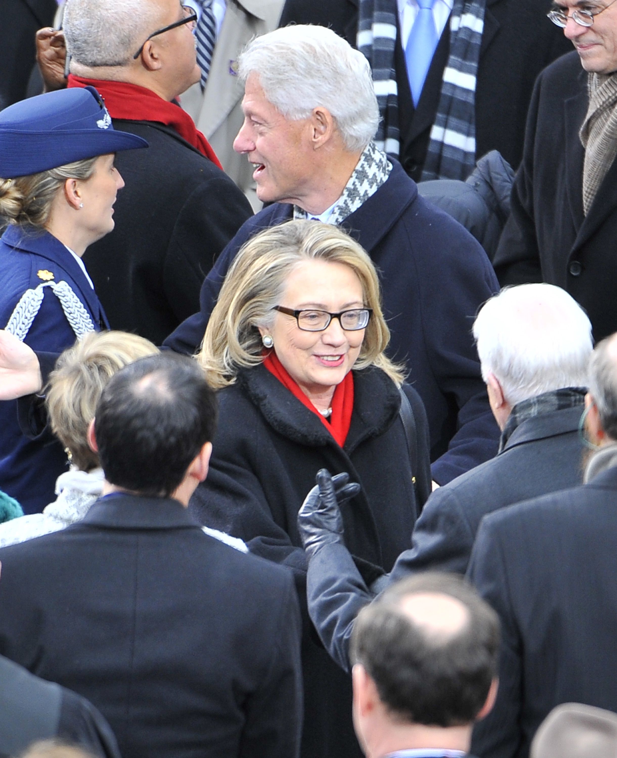 Secretary of State Hilary Clinton and former President Bill Clinton arrive for the inauguration on the West Front of the U.S. Capitol on Monday, January 21, 2013 in Washington, D.C. (Mark Gail/MCT)