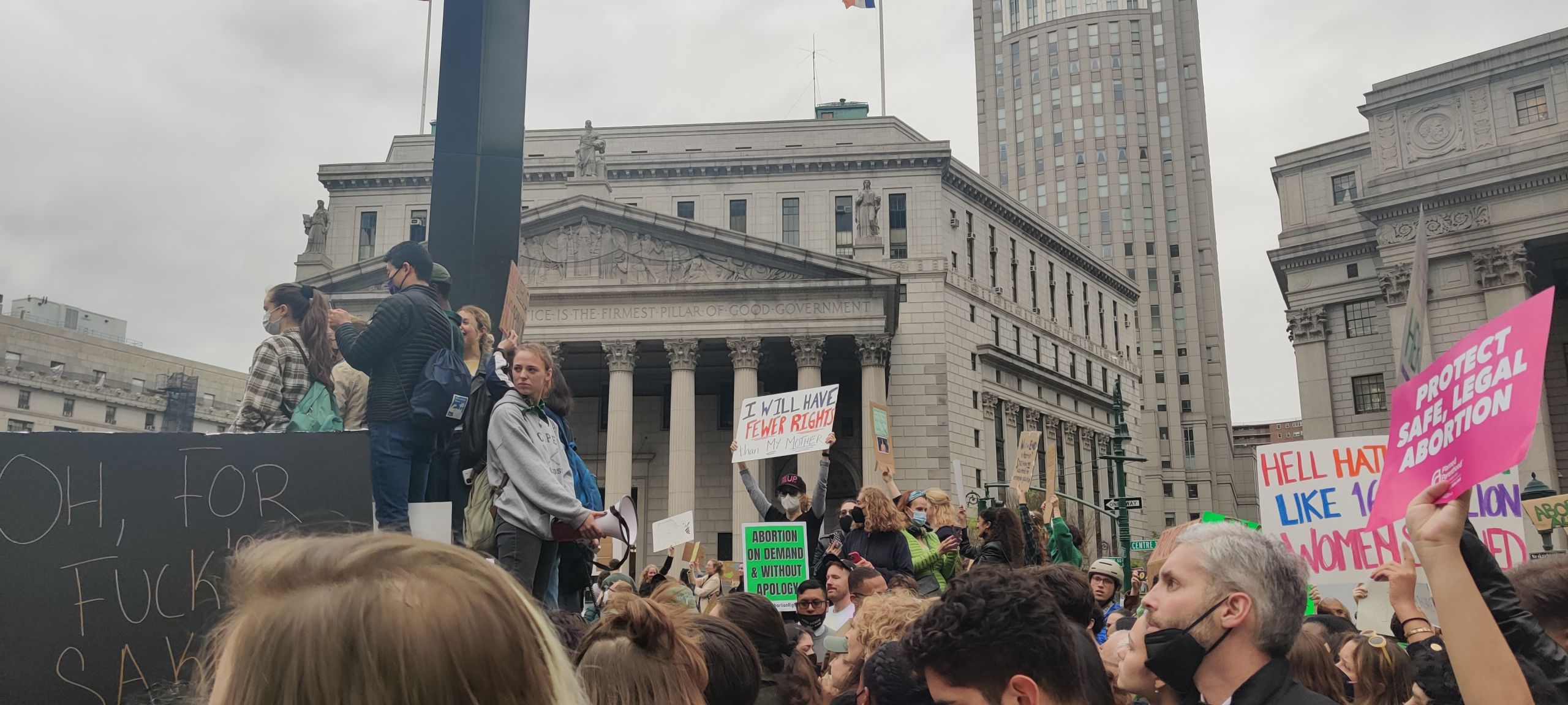 Protestors rallying at an abortion protest at Foley Square in May 2022.