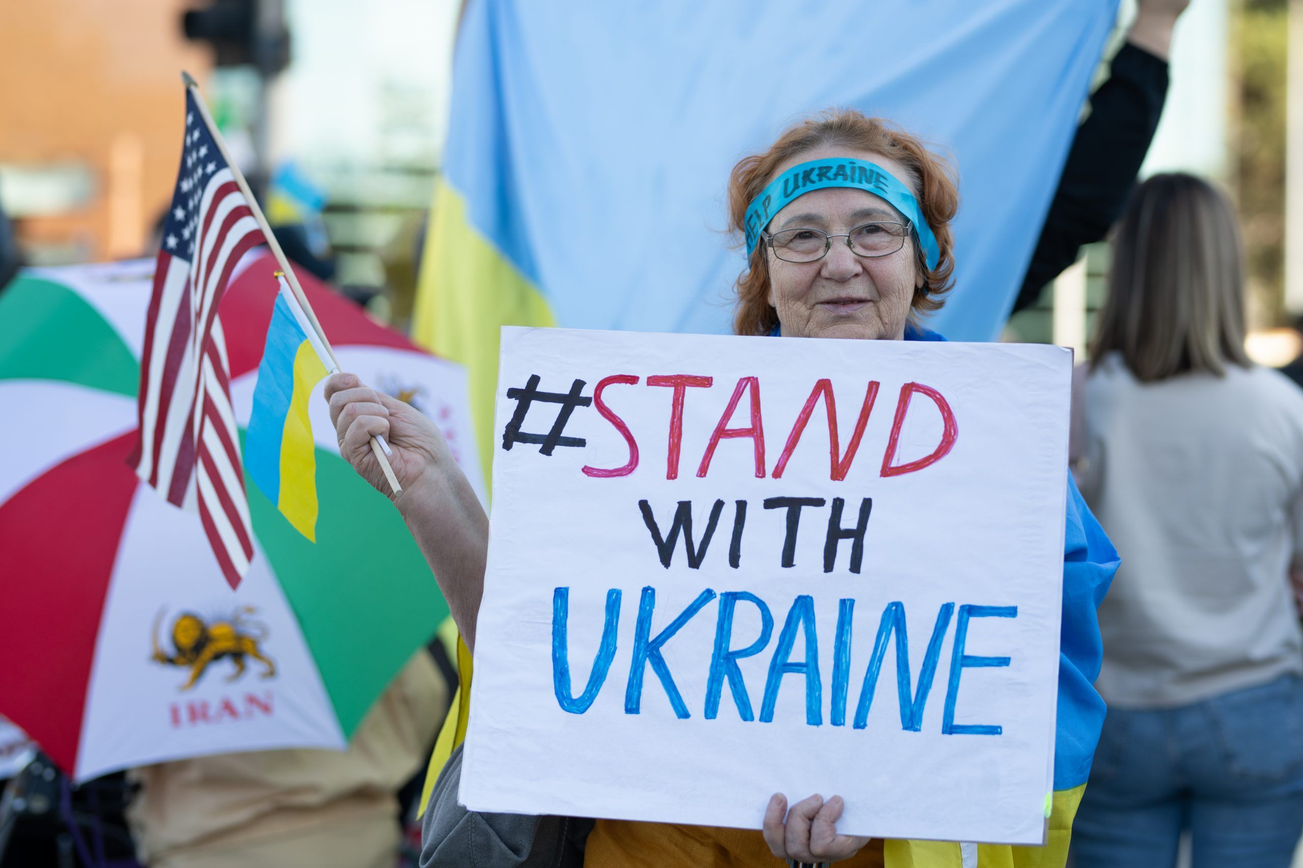 Los Angeles, California, USA 2022: Stand with Ukraine. Protest against the war and russian armed aggressive Vladimir Putin politic. Americans in defense of Ukraine. Global military conflict, invasion