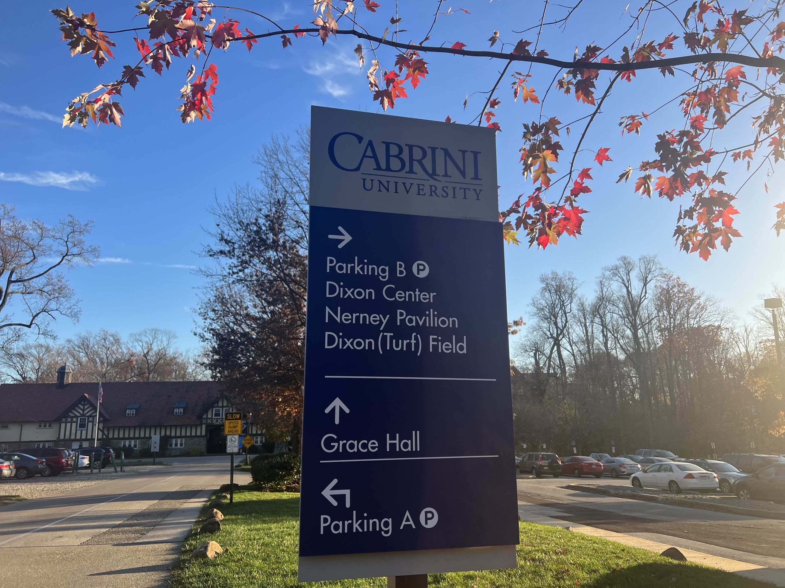 Cabrini University's parking signs with directions to the parking lots. Photo by Micah Balobalo.