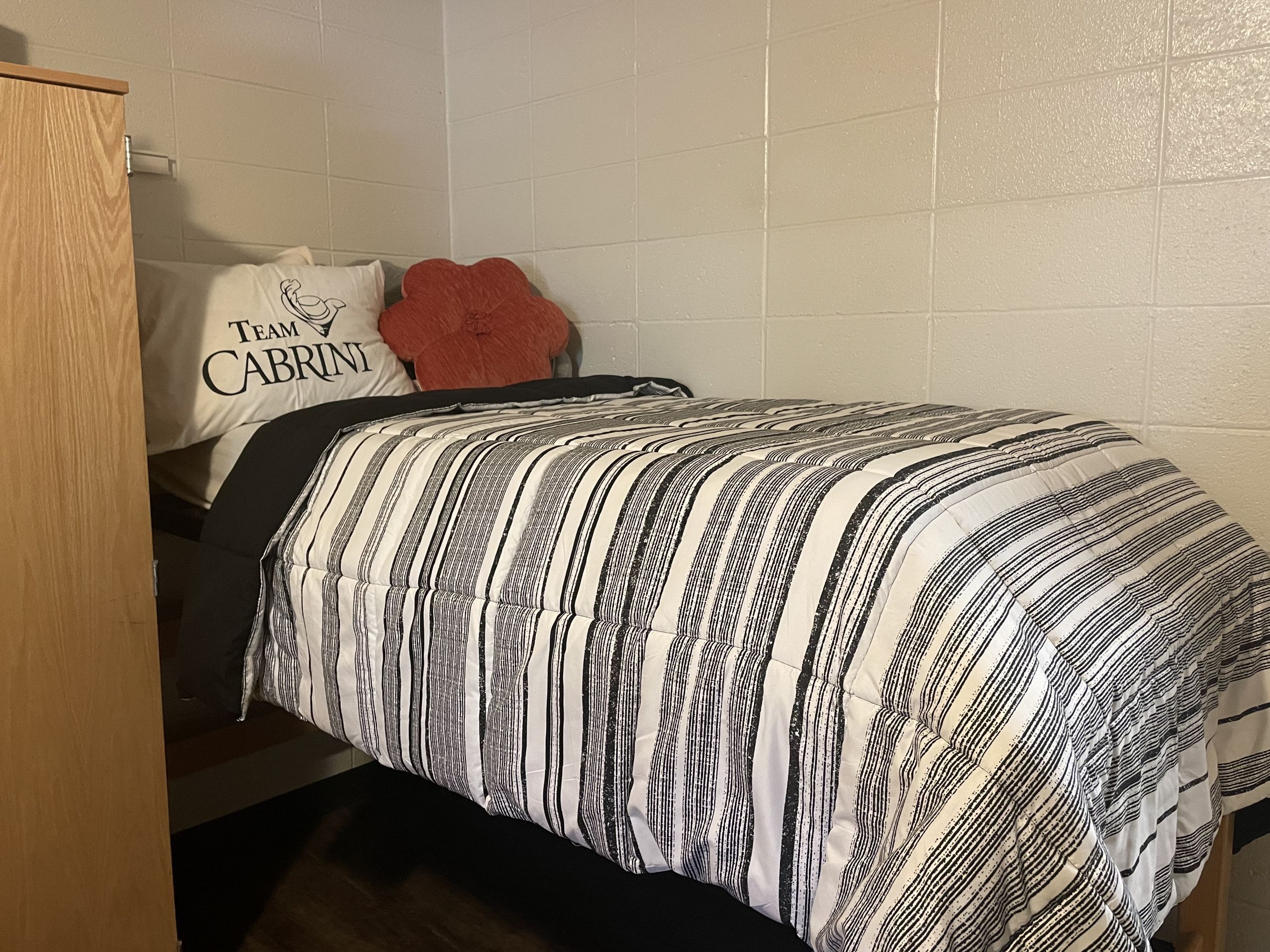 An example dorm bed in Woodcrest Hall. Photo by Brianna Mack.
