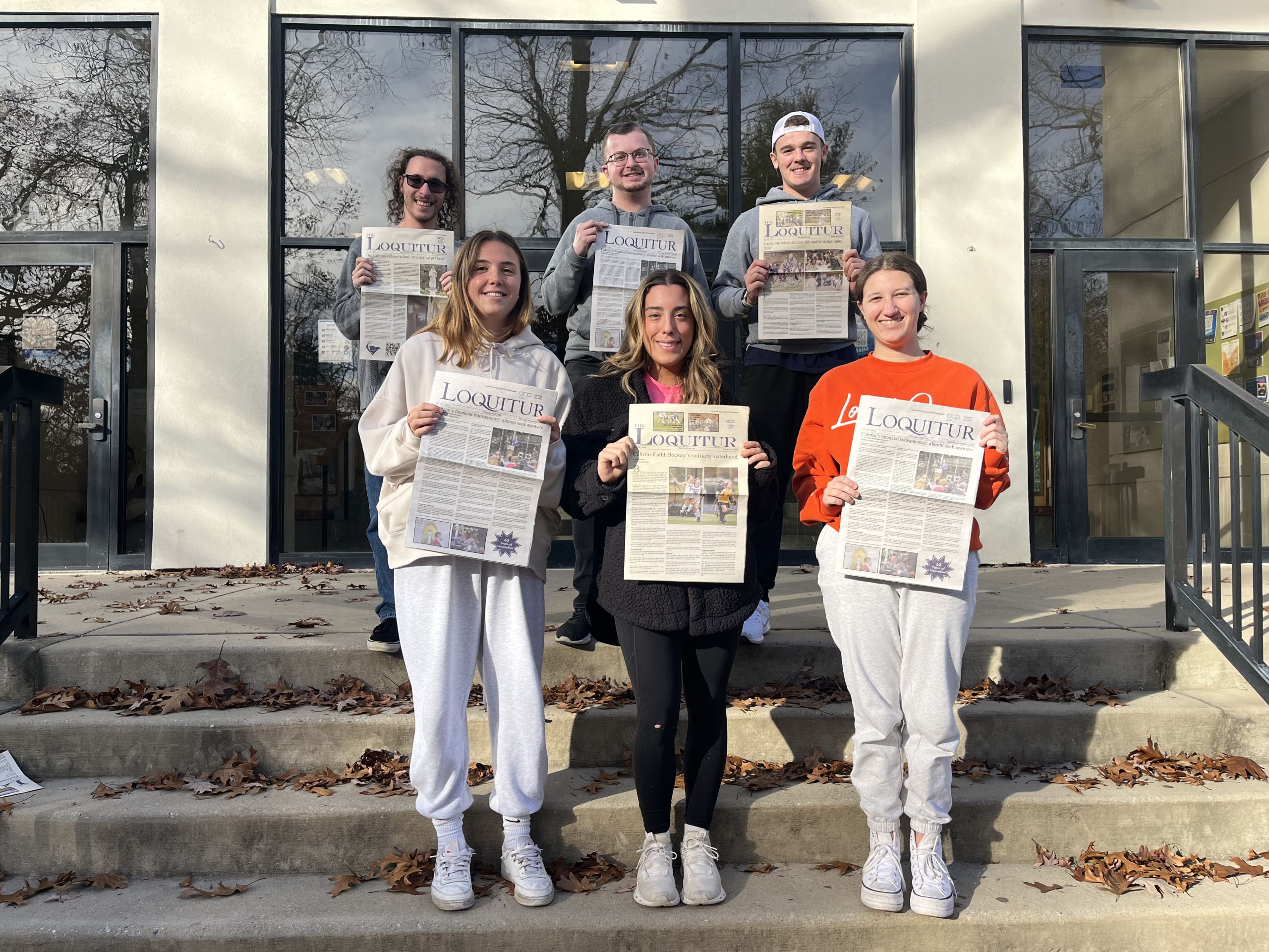 The Loquitur editorial staff: (Back row left to right) Andrew Stovenour, Chris Perri, Jason Fridge. (Front row left to right: Paige Bowman, Samantha Taddei, Leigha Sepers. Photo by Emma Regulski. 