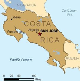 Costa Rica is located in Central America, in between Nicaragua and Panama.