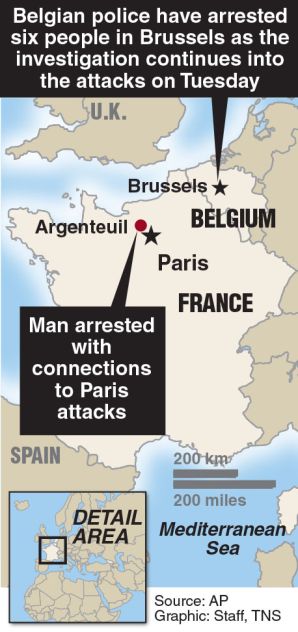 Locator map of Brussels and Paris where police arrest 7 in connections to terrorist attacks
