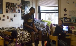 Freshman Nasir Robison shares a laugh with friend Kassie Nieves in Woodcrest. (Amarra Boone/Photo Editor)