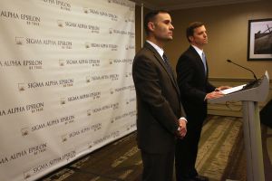 MCT Campus   Sigma Alpha Epsilon Fraternity Spokesman Brandon Weghorst, left, and Executive Director Blaine Ayers spoke to the media on March 18, 2015 about the racist video made by their fraternity at the University of Oklahoma.