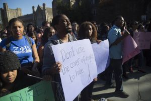 MCT Campus Malcolm Bonner, center, rallied with fellow Duke students  on April 1, 2015, in Durham, N.C., after a noose was discovered hanging from a tree outside a student center on campus.