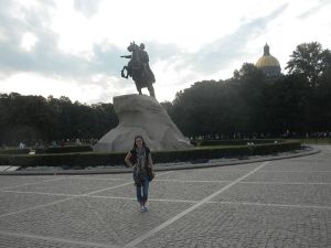Milano in front of Peter the Great's statue in Russia.