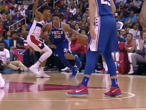 Fultz drives into the paint in his NBA debut against the Washington Wizards