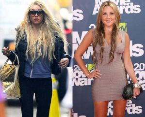 Left: Bynes walking the streets of New York recently. Right: Bynes at the 2011 MTV movie awards (Creative Commons)