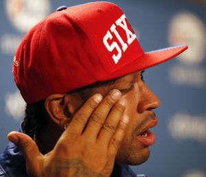 Former Philadelphia 76ers star Allen Iverson meets with the media on Friday, April 8, 2016, in Philadelphia. Iverson was elected to the Naismith Memorial Basketball Hall of Fame on April 4. (Yong Kim/Philadelphia Daily News/TNS)