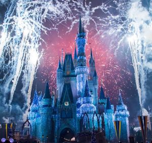 Fireworks sparkle the night sky at Cinderella’s castle.  (Creative Commons)