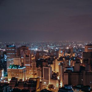 aerial view of city buildings during night time