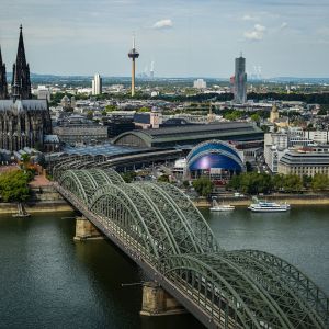 An aerial view of a city and a bridge
