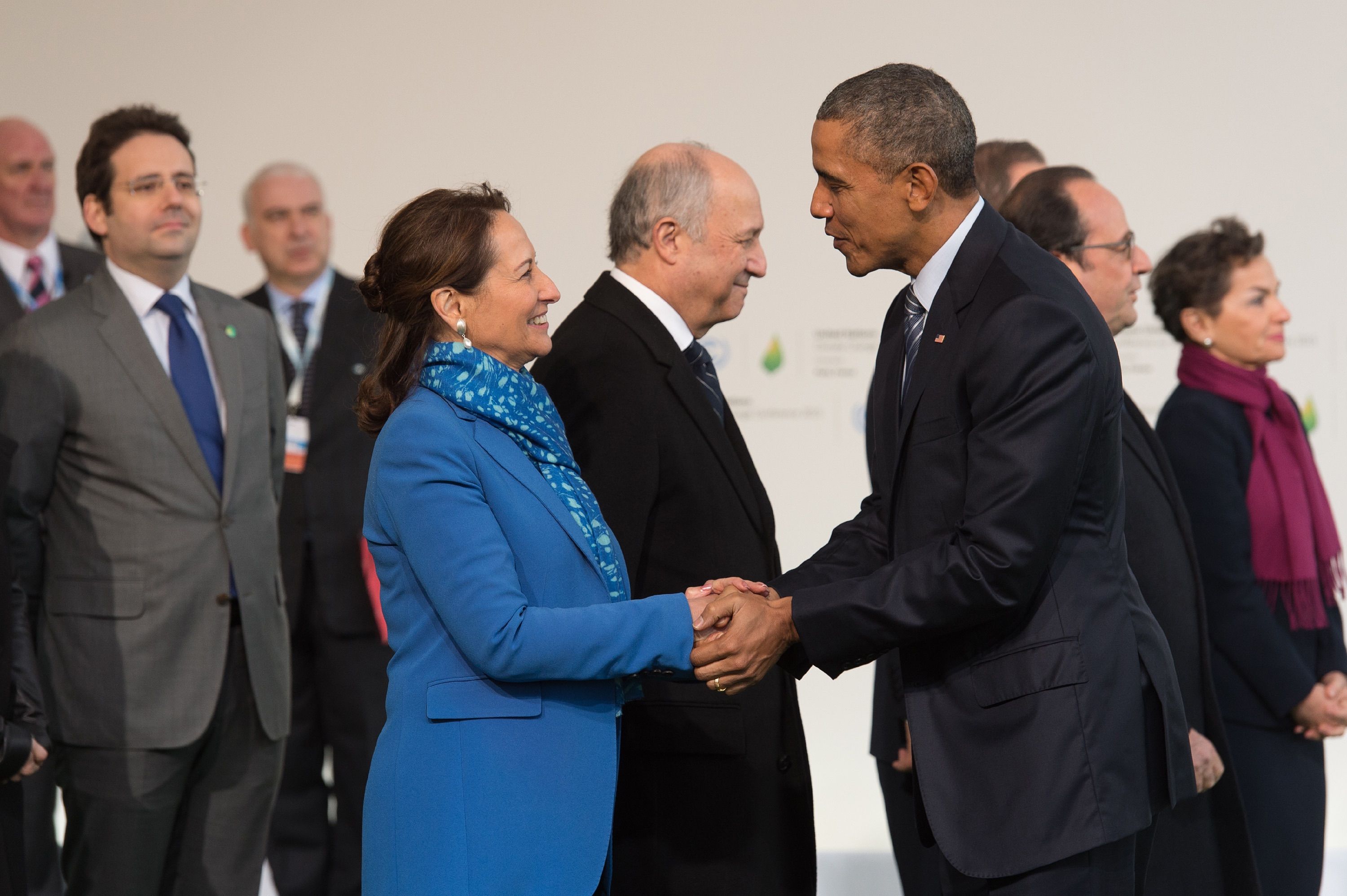French Minister for Ecology, Sustainable Development and Energy, Segolene Royal shakes hands with U.S. President Barack Obama during the official opening of the COP21 UN Conference on Climate Change on Nov. 30, 2015 held at Le Bourget, near Paris, France. (Pierre Villard/Abaca Press/TNS)