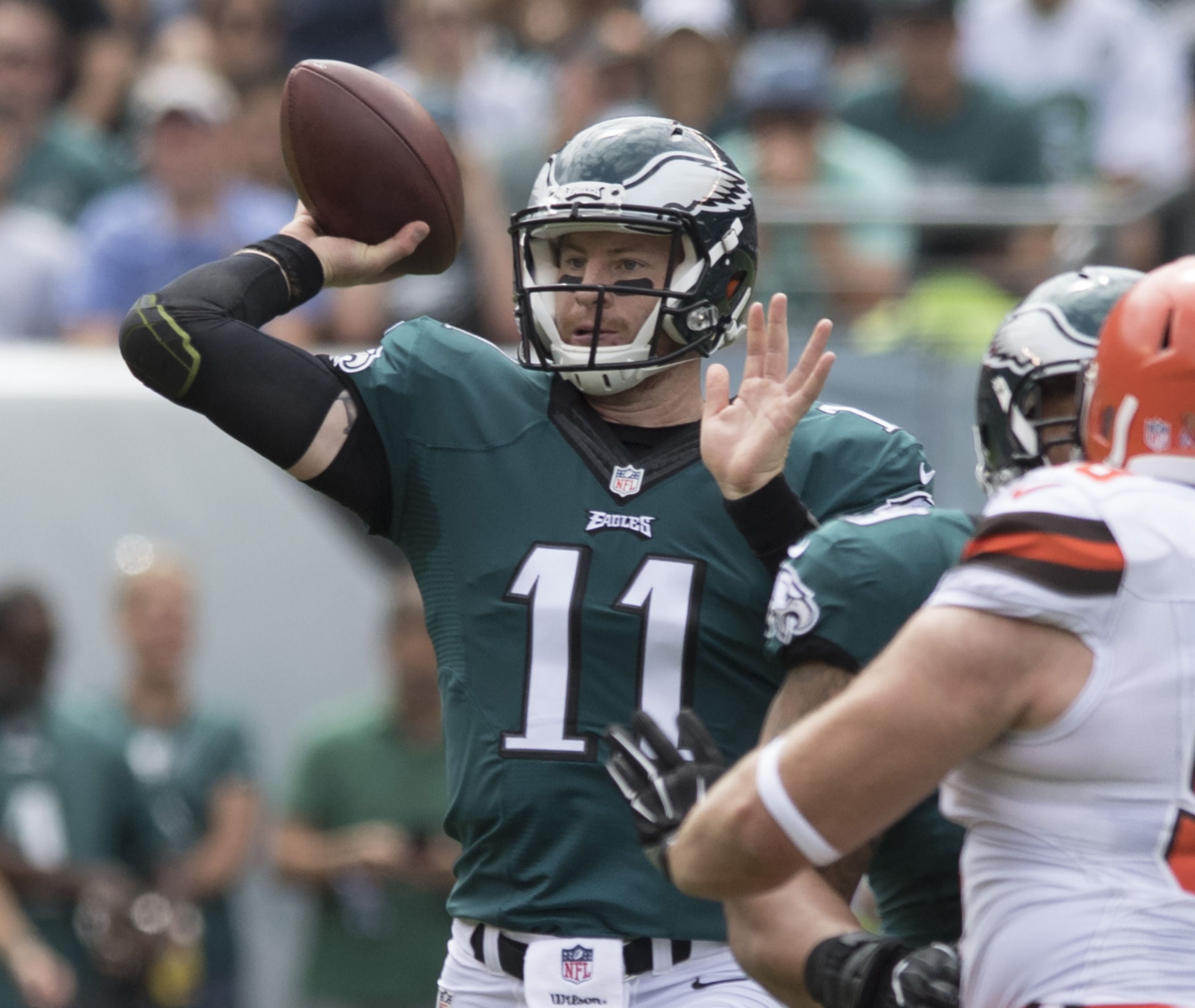 Philadelphia Eagles rookie quarterback Carson Wentz throws a pass against the Cleveland Browns on Sunday, Sept. 11, 2016, at Lincoln Financial Field in Philadelphia, Pa. The Eagles won 29-10. (Clem Murray/Philadelphia Inquirer/TNS)