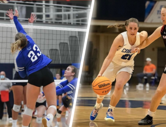 A Cabrini volleyball player in blue spiking the ball over the net in a competition (left) and a Cabrini women's basketball player in white driving from the top of the key on a defender (right)