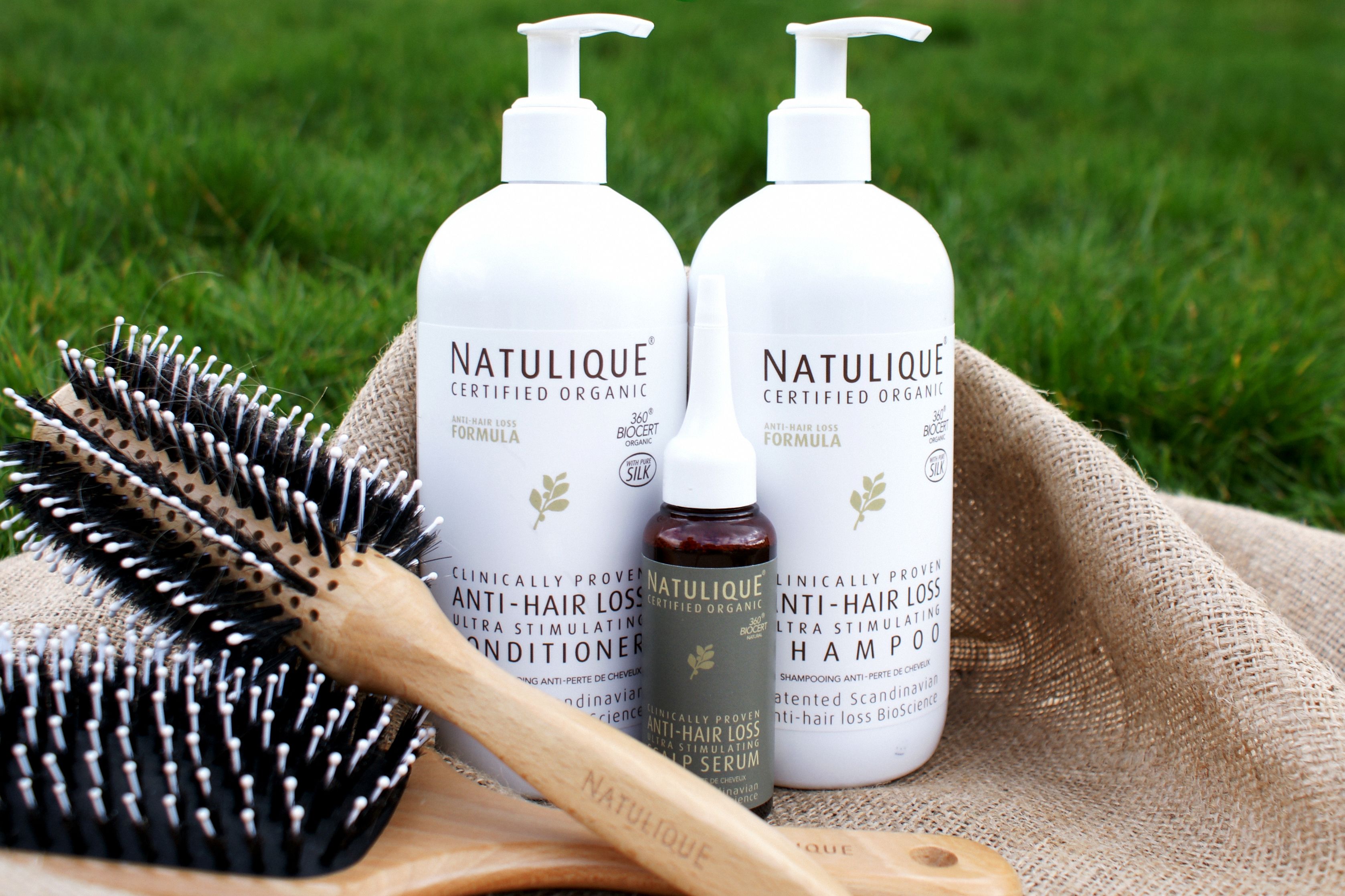 Natulique Anti Hair Loss Line – serum, shampoo and conditioner Natulique Anti Hair Loss Family with brushes