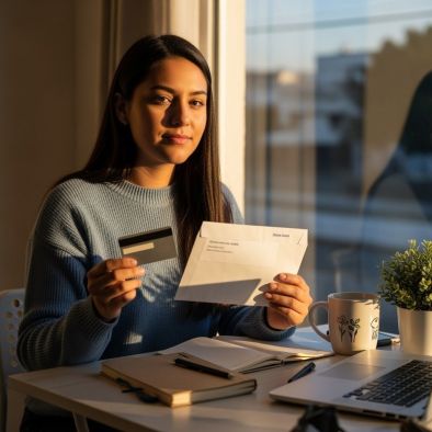 young woman paying her credit card by mailing a check