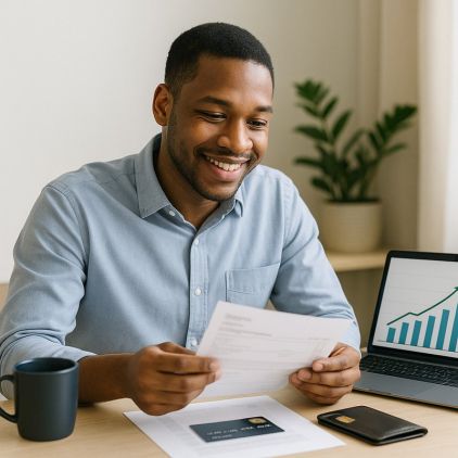 young man looking happy because he has improved his credit score and successfully built credit using starter credit cards