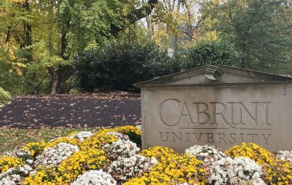 A stone sign engraved with the words Cabrini University. The sign lays behind yellow and white flowers.