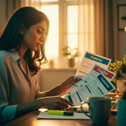 young lady reviewing all 3 of her credit reports