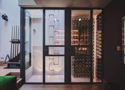 Indoor glass box, steel doors wine storage