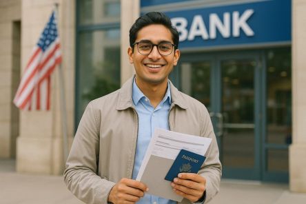 young man going to the bank with his passport to open a secured credit card