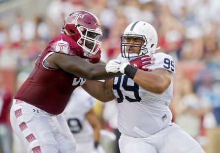Penn State defensive tackle Austin Johnson tries to push around a Temple defender Saturday, Sept. 5, 2015 game against Temple at Lincoln Financial Field in Philadelphia, Pa. Temple won 27-10. (Abby Drewy/Centre Daily Times/TNS)
