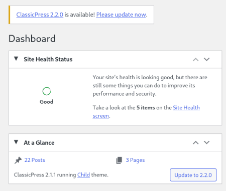 Update site to ClassicPress Homage Site to version 2.2