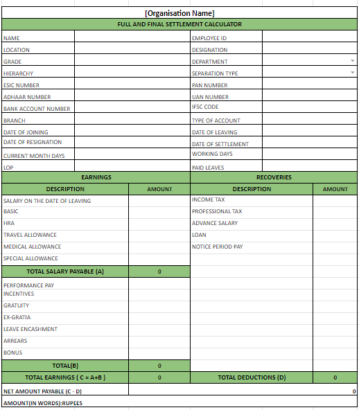 Full and Final Settlement Sheet - CHRMP Membership