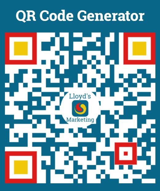 A Qr Code With Colorful Corners; Center Shows &Quot;Lloyd'S Marketing&Quot; Logo. Caption Reads &Quot;Qr Code Generator.