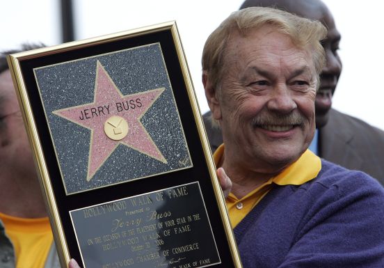 Los Angeles Lakers owner Jerry Buss receives a star on the Hollywood Walk of Fame in 2006. Buss owned the Lakers since 1979 and saw the team win 10 NBA championships. Buss died on Monday after an 18-month battle with cancer.