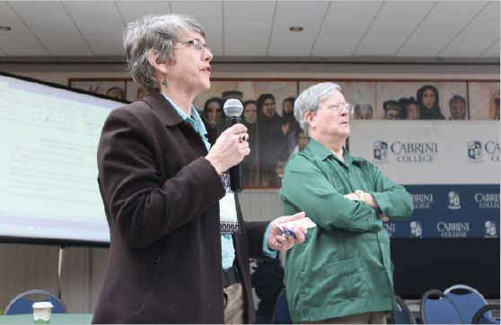 CRS representative Jackie DeCarlo (left) and Wolfington Center Executive Director Dr. John Burke (right) speak at the Fair Trade consortium at Grace Hall on March 15. (Rachel Antuzzi/Asst. Perspectives Editor)