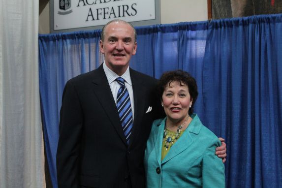 Thomas Nerney ‘77, president of the United States Liability Insurance Group and vice chair of the college’s Board of Trustees, is pictured with Dr. Marie Angelella George at the unveiling of the Nerney Leadership Institute. (Laura Gallagher/Managing Editor)