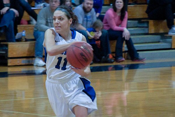 Senior forward Laura Caron (No. 11) scored eight points and added three rebounds in Cabrini’s 54-52 win over Alvernia University on Monday, Jan. 28. The win marked the 12th straight for the Lady Cavs. (Dan Luner / Submitted Photo)