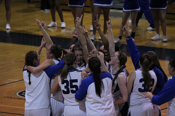 The Lady Cavs celebrate after defeating Gwynedd-Mercy in the CSAC Final, 49-38, on Saturday, Feb. 23. They travel to face Catholic University on Friday, March 1 in the first round of the NCAA Tournament. (Kevin Durso / Sports Editor)