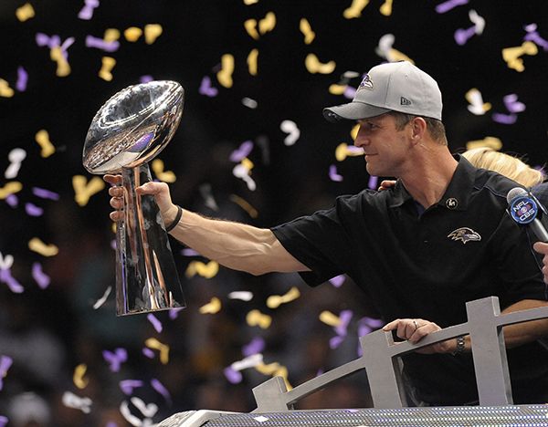 Baltimore Ravens’ head coach John Harbaugh hoists the Lombardi Trophy after the Ravens defeated the San Francisco 49ers in Super Bowl XLVII on Sunday, Feb. 3, by a score of 34-31. It is the Ravens’ first Super Bowl title since 2000 and second in franchise history. (MCT)