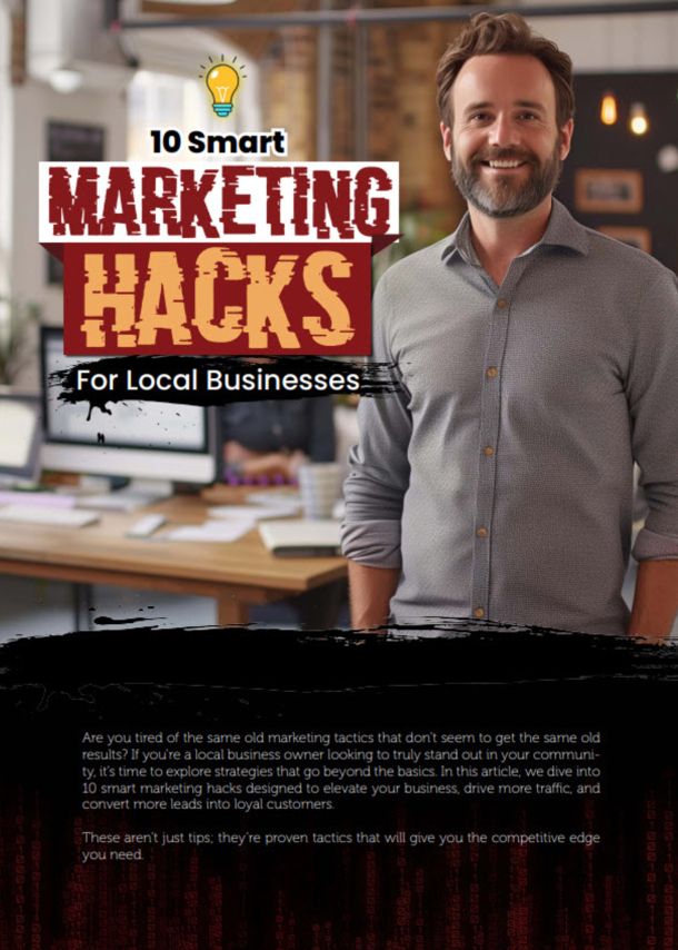 A Man Stands Confidently In An Office. The Image Features Text: &Quot;10 Smart Marketing Hacks For Local Businesses.&Quot; The Description Mentions Strategies To Improve Traffic, Customer Conversion, And Achieving Competitive Advantage.