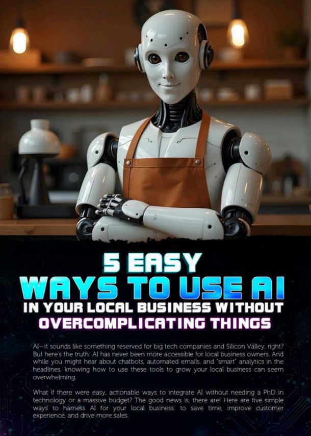 A Humanoid Robot Wearing An Apron Stands In A Kitchen. The Text Reads: &Quot;5 Easy Ways To Use Ai In Your Local Business Without Overcomplicating Things.