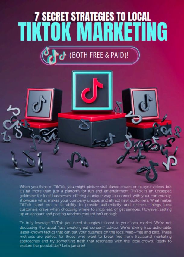 Cover Image For A Guide Titled &Quot;7 Secret Strategies To Local Tiktok Marketing,&Quot; Featuring Tiktok Logos On Boxes. Includes The Note &Quot;Both Free &Amp; Paid!&Quot; And Text About Using Tiktok For Local Business.