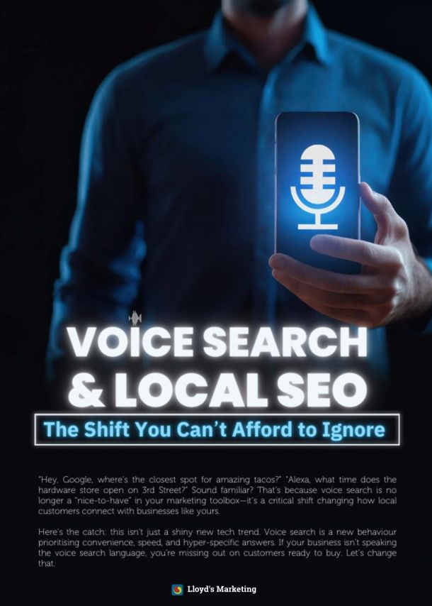 A Hand Holding A Glowing Smartphone Displays A Microphone Icon. Text: &Quot;Voice Search &Amp; Local Seo: The Shift You Can’t Afford To Ignore.&Quot; Small Logo At The Bottom.