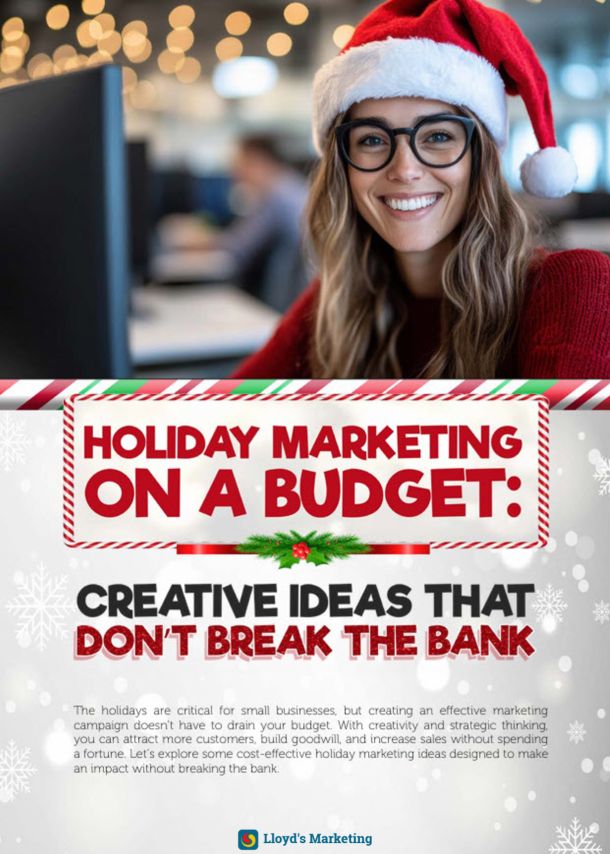 Woman In Santa Hat Smiling At A Computer, With Text Promoting Holiday Marketing Ideas On A Budget.