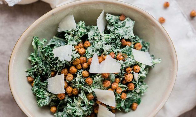 Kale Caesar (from scratch) with Chickpea Croutons
